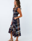 Fall dress with smocked sides for flattering fit, THML plaid dress with zipper, zip front dress in navy plaid