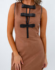 Sleeveless brown suede mini dress for Thanksgiving, brown dress with bows, dress with bows on the front 