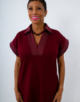 Burgundy midi dress with white stitching for fall workwear, USC game day outfit, Texas A&M game day outfit