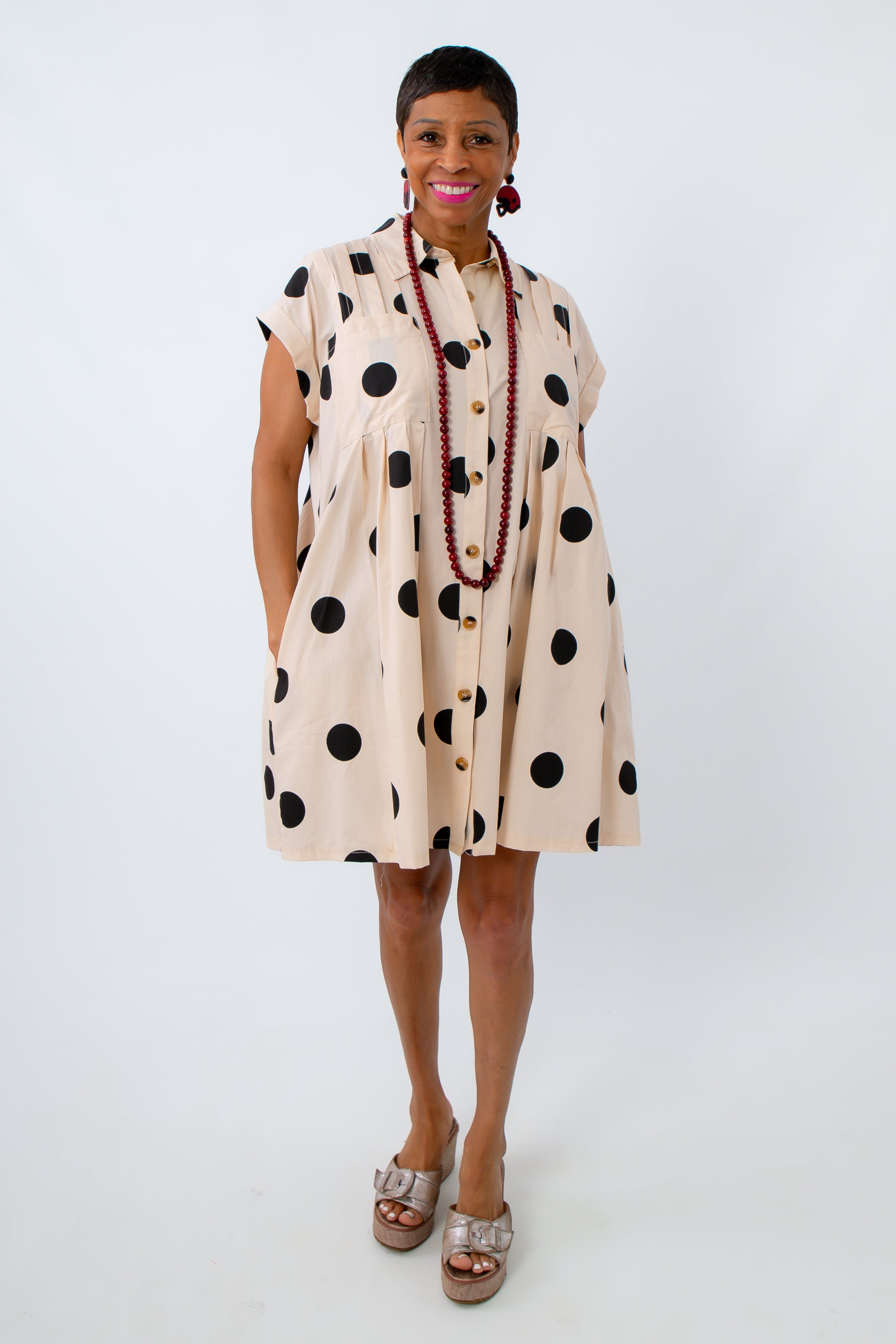 Cream and black polka dot shirt dress with garnet accessories for University of south carolina game day look