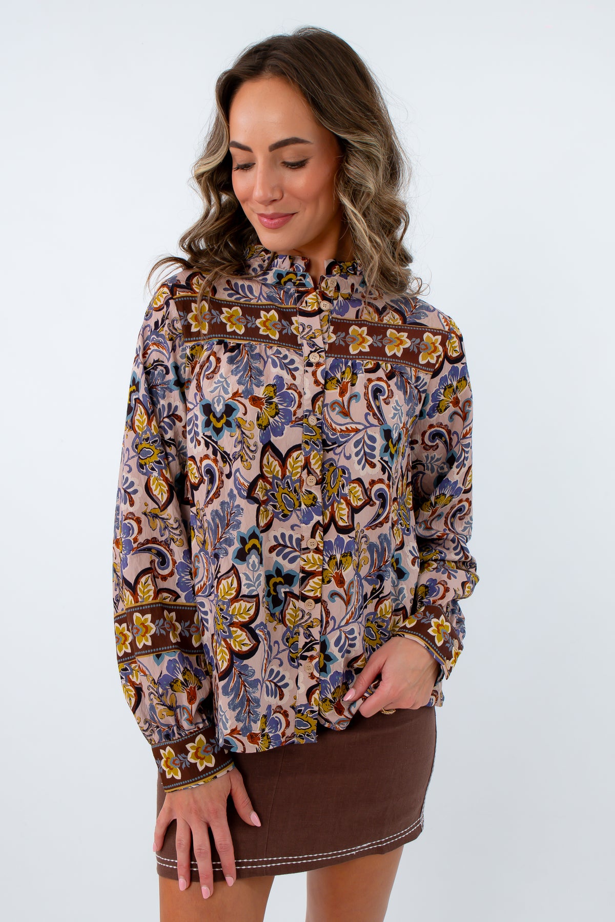 Button front tops for Thanksgiving outfit, fall workwear, fall floral long sleeve top for the office, fall long sleeve blouse