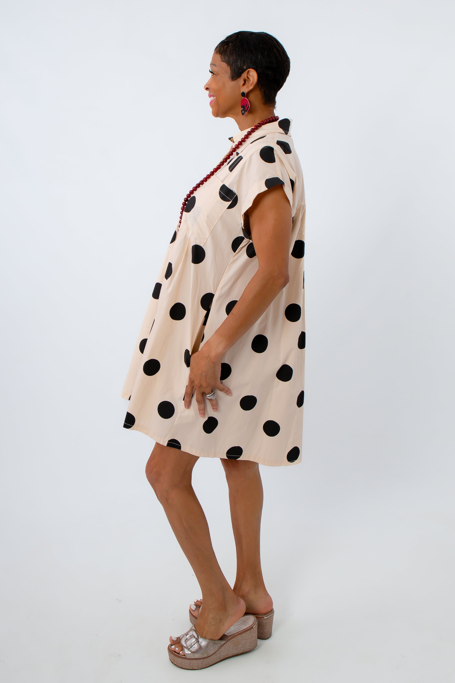 Classic polka dot dress for fall, game day, teacher dress, fall workwear, neutral dress