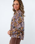 Beige multi print blouse for fall workwear, fall blouses, long sleeve tops for work, floral top for work