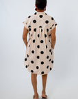 100% cotton black and cream polka dot mini dress perfect for fall workwear, neutral game day outfit, fun teacher dresses
