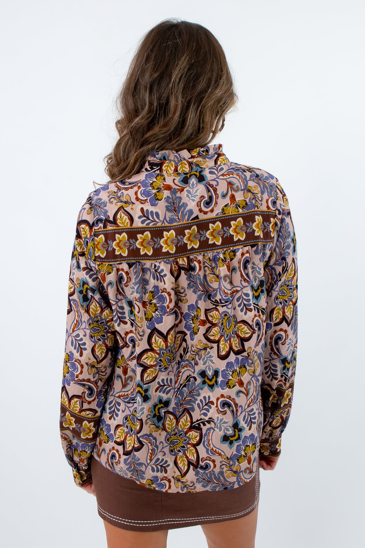 Floral long sleeve blouse in fall colorway, long sleeve blouse with button front, floral long sleeve top with ruffle collar