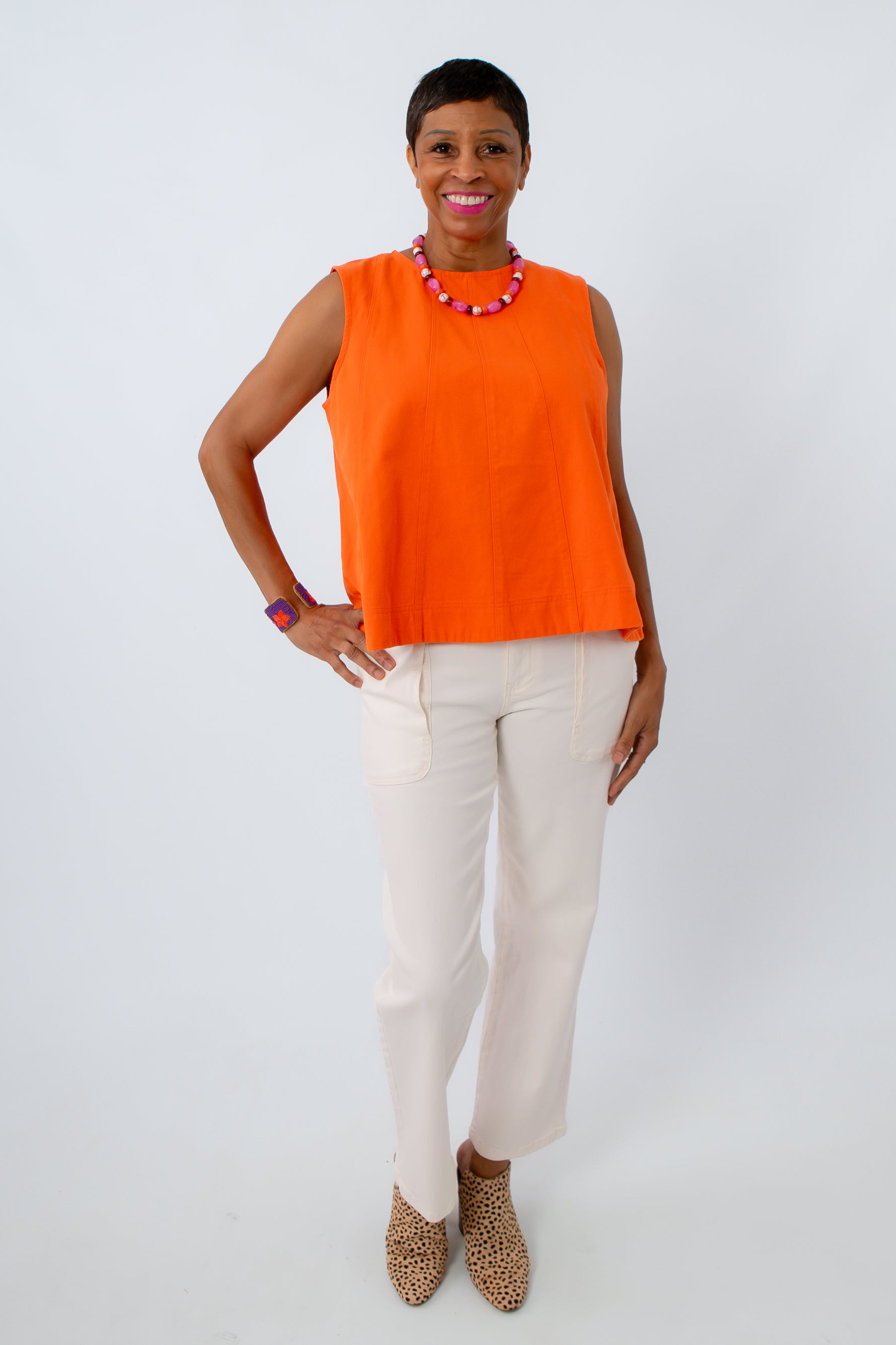 Clemson orange denim top paired with white jeans for a classy game day look