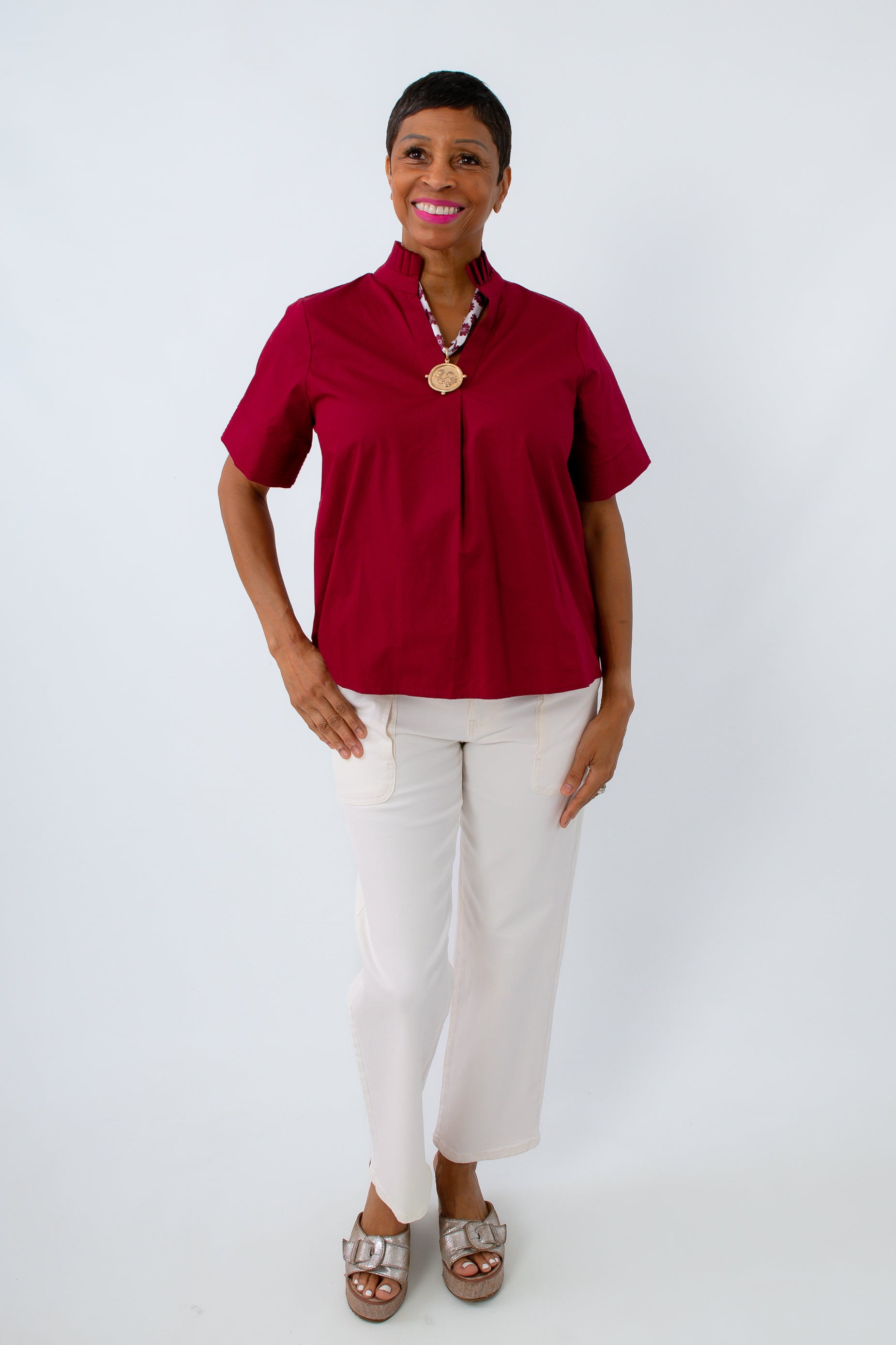 Garnet Blouse with ruffle neckline for University of South Carolina game day top