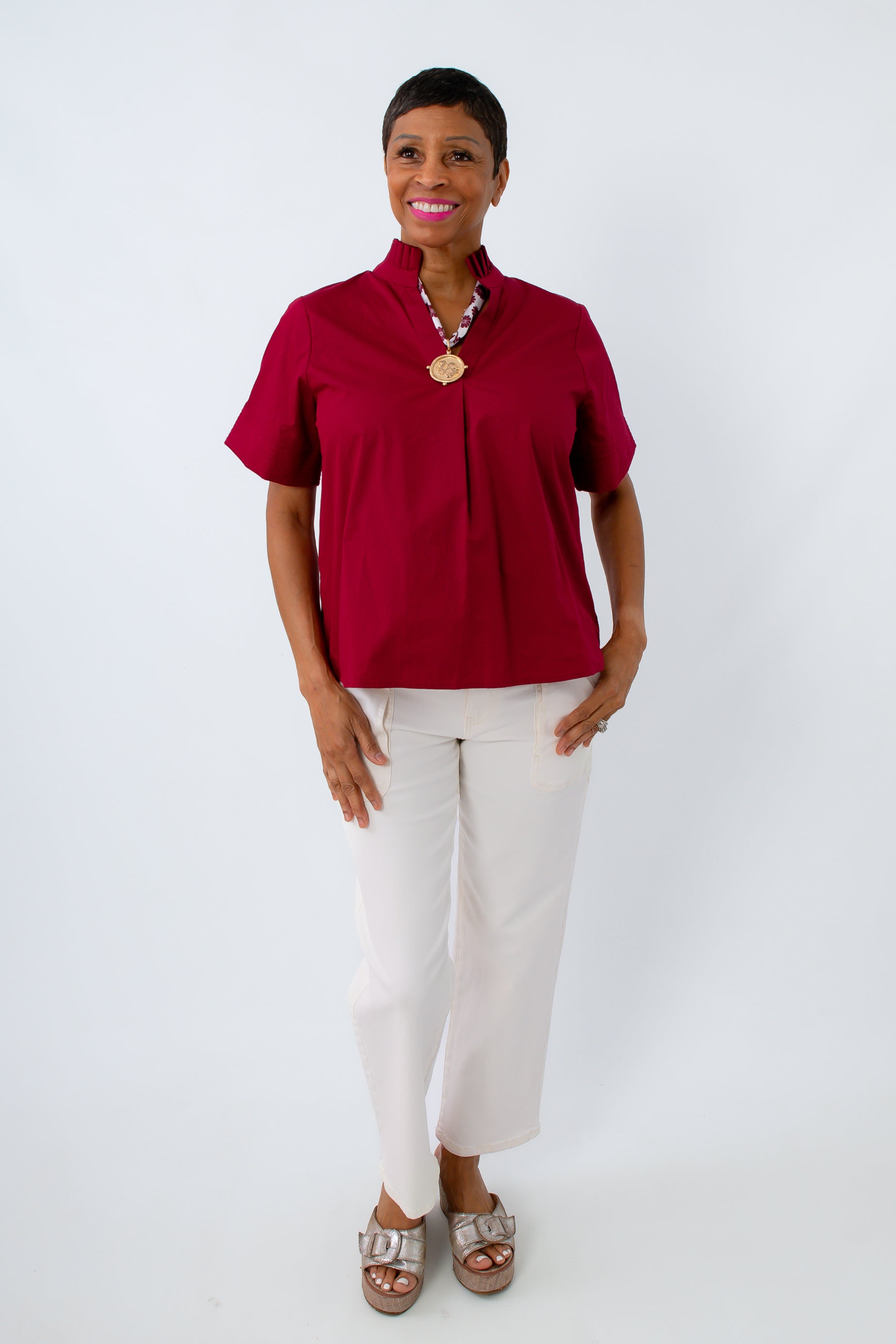 Ruffle neck top for Alabama game day, USC game day, fall workwear