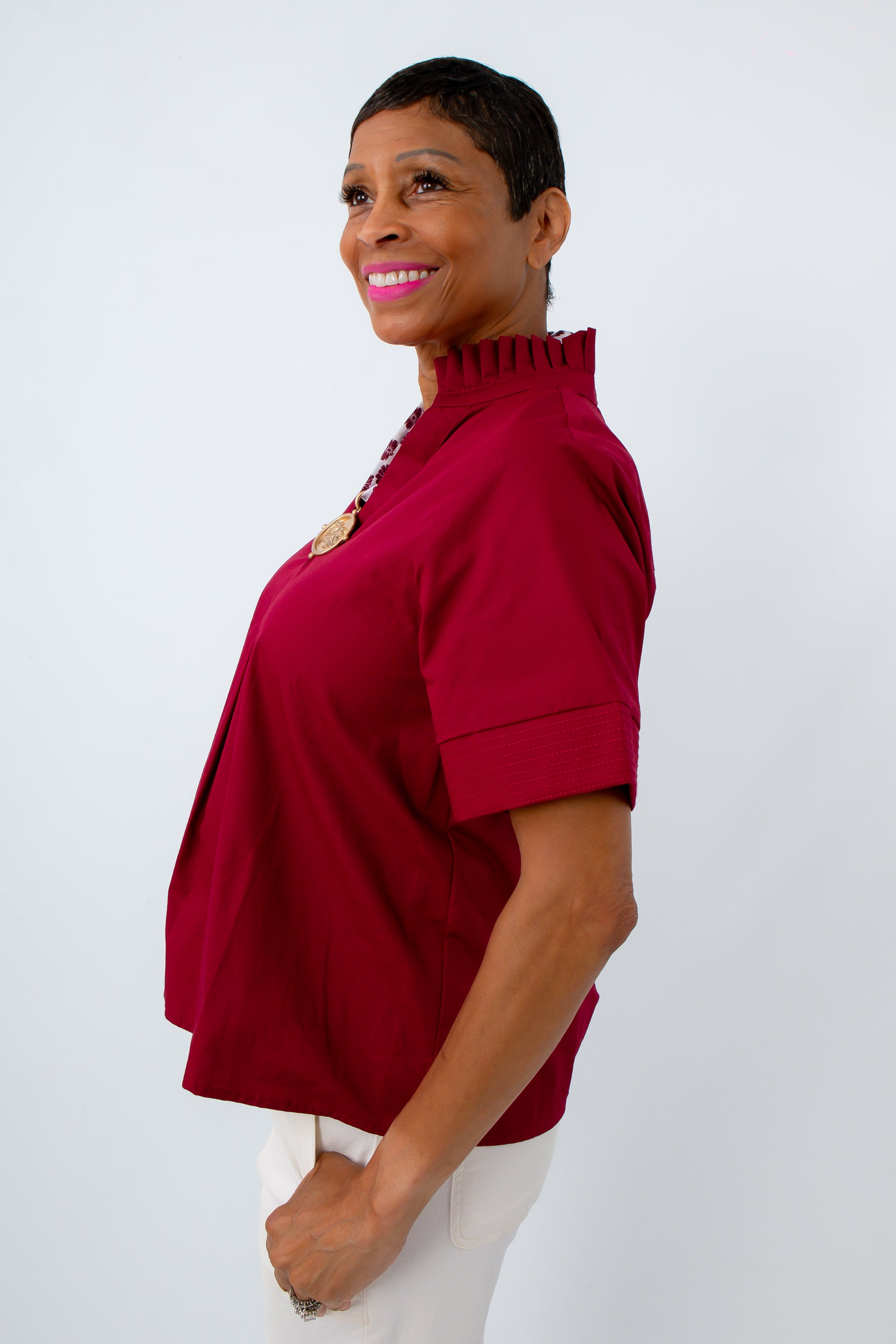Women's fall workwear, garnet blouse with stitch detailing, 100% cotton