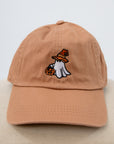 Clay colored baseball hat with embroidered ghost trick or treating, Halloween baseball cap with ghost and trick or treating design
