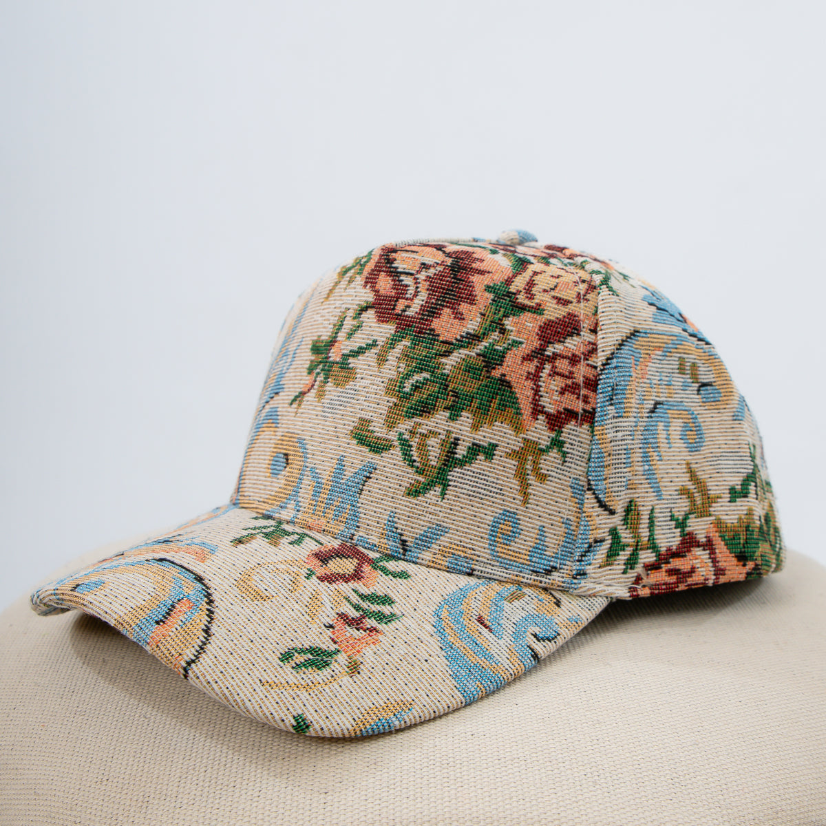 Floral brocade baseball cap with adjustable snapback closure, Stylish fall baseball hat with floral brocade fabric