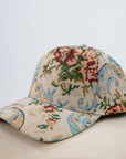 Floral brocade baseball cap with adjustable snapback closure, Stylish fall baseball hat with floral brocade fabric
