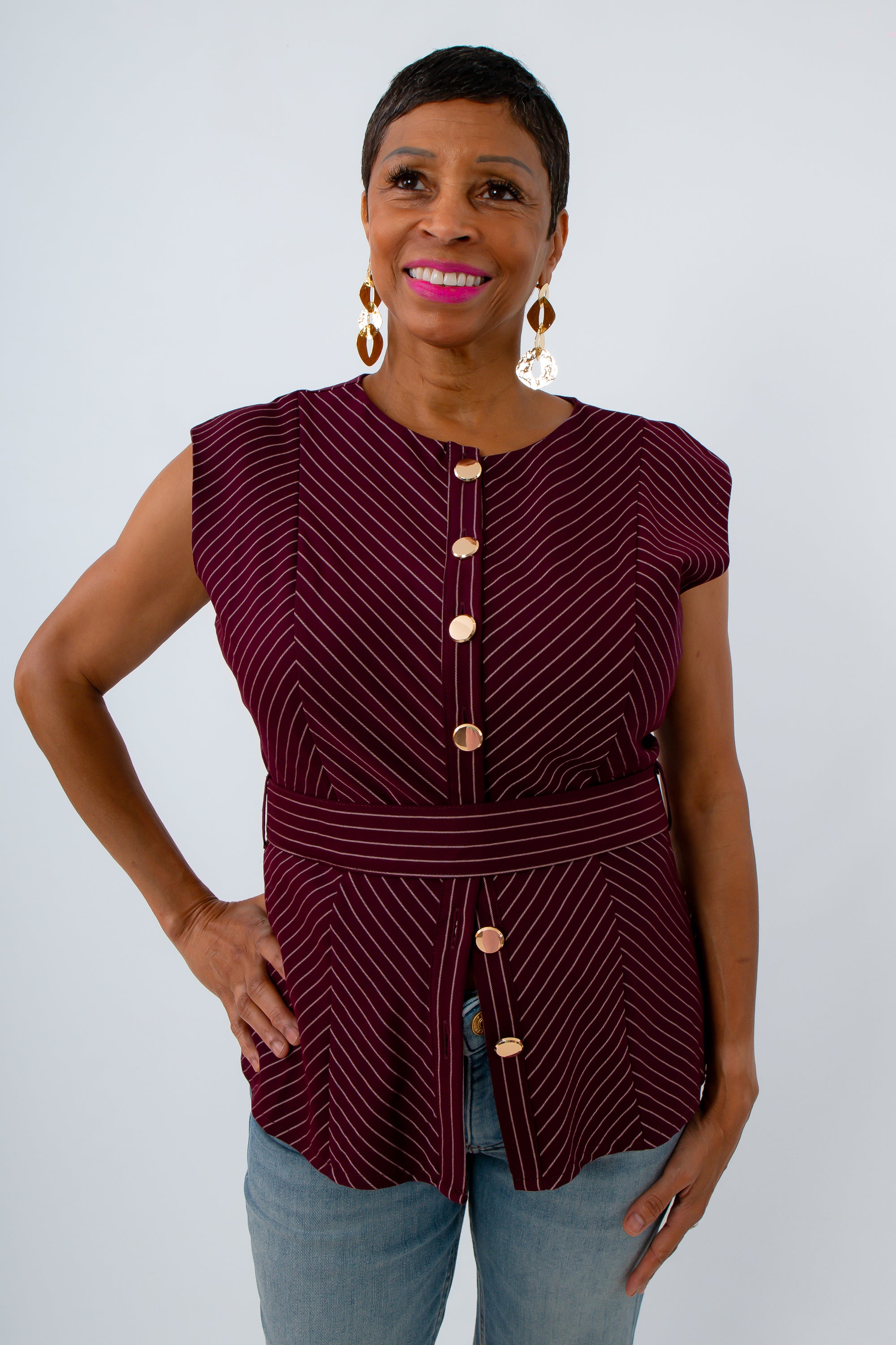 9 to Wine Stripe Belted Sleeveless Blouse