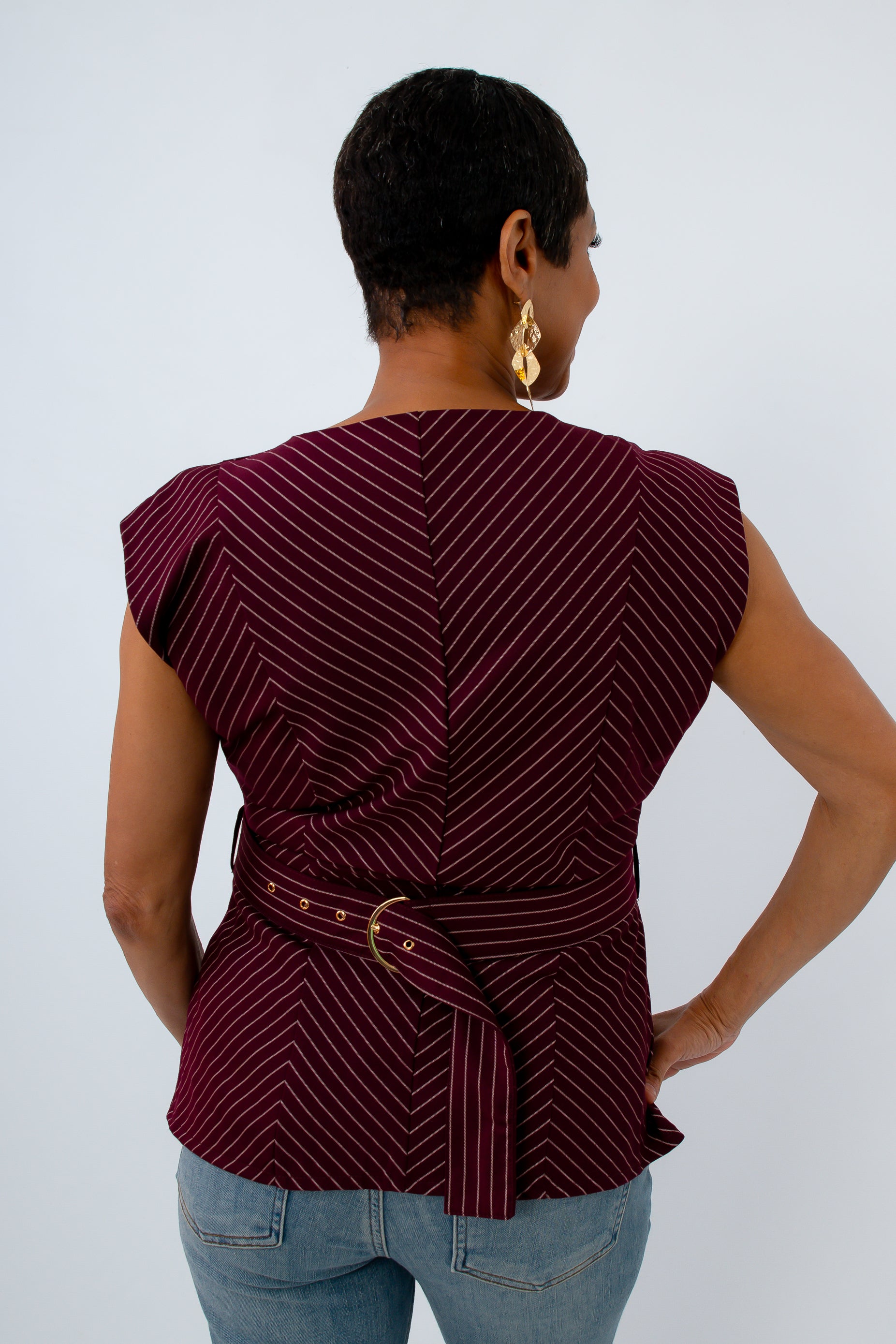 Fully lined burgundy fall blouse with stripe pattern and waist belt for fall workwear, university of south carolina game day look, florida state university game day look