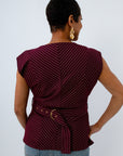 Fully lined burgundy fall blouse with stripe pattern and waist belt for fall workwear, university of south carolina game day look, florida state university game day look