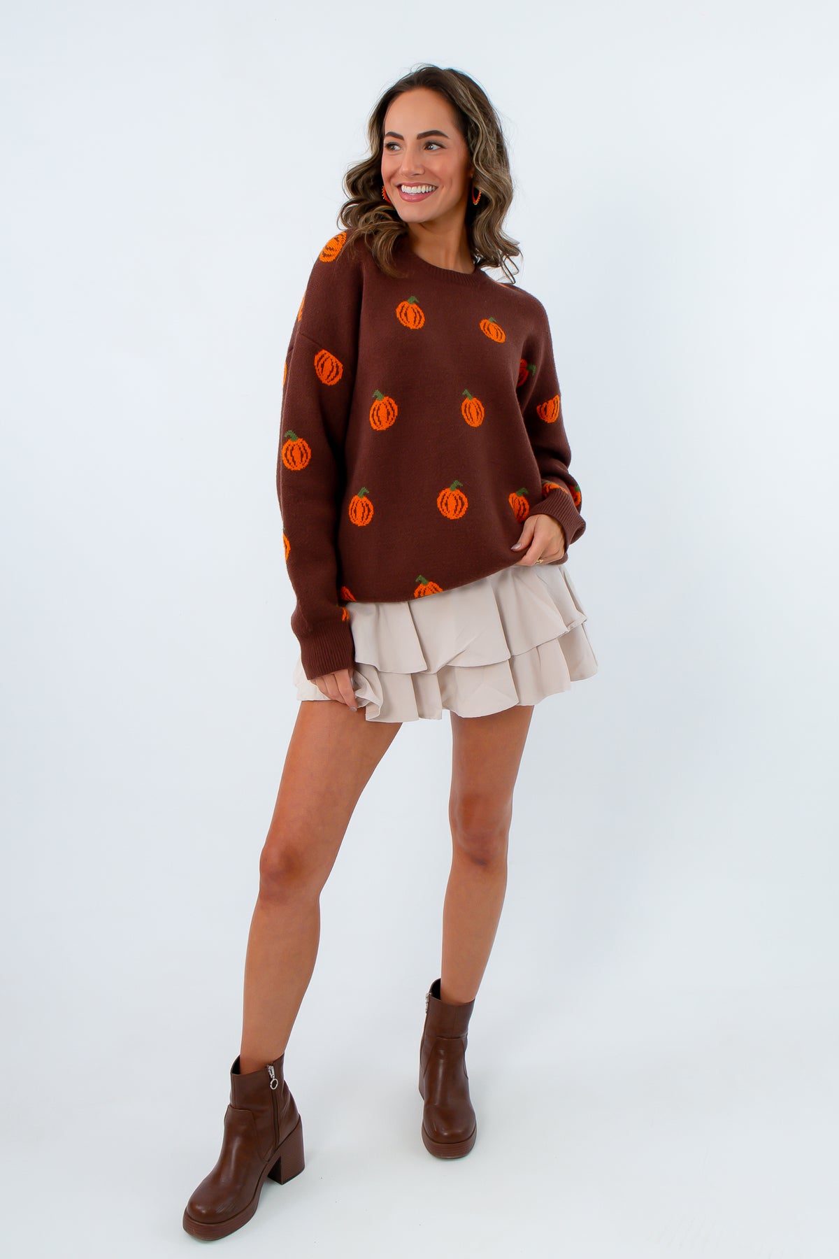 brown and orange soft knit pumpkin sweater l mae boutique