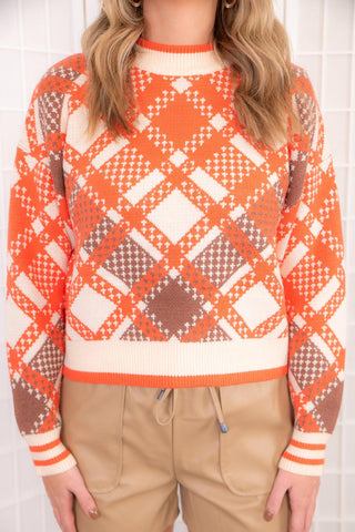 THML Orange Patterned Mock Neck Sweater-THML-L. Mae Boutique