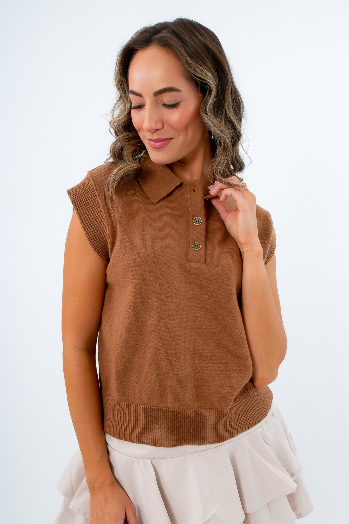 Early fall soft brown knit sweater, soft brown sweater with collar, brown polo, brown polo sweater