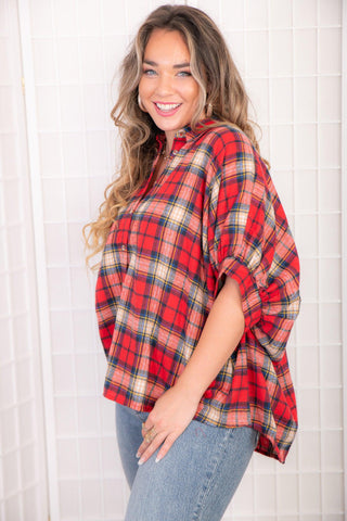 Pretty in Plaid Red Oversized Button Down Shirt-day + moon-L. Mae Boutique