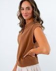 Sleeveless polo sweater with buttons, brown sleeveless sweater, brown short sleeve knit sweater