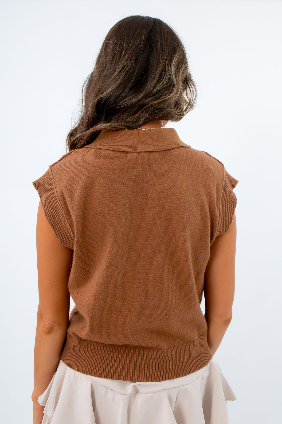 Fall sleeveless sweaters, early fall transition sweater, sleeveless sweater for early fall, warm brown sleeveless sweater