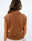 Fall sleeveless sweaters, early fall transition sweater, sleeveless sweater for early fall, warm brown sleeveless sweater