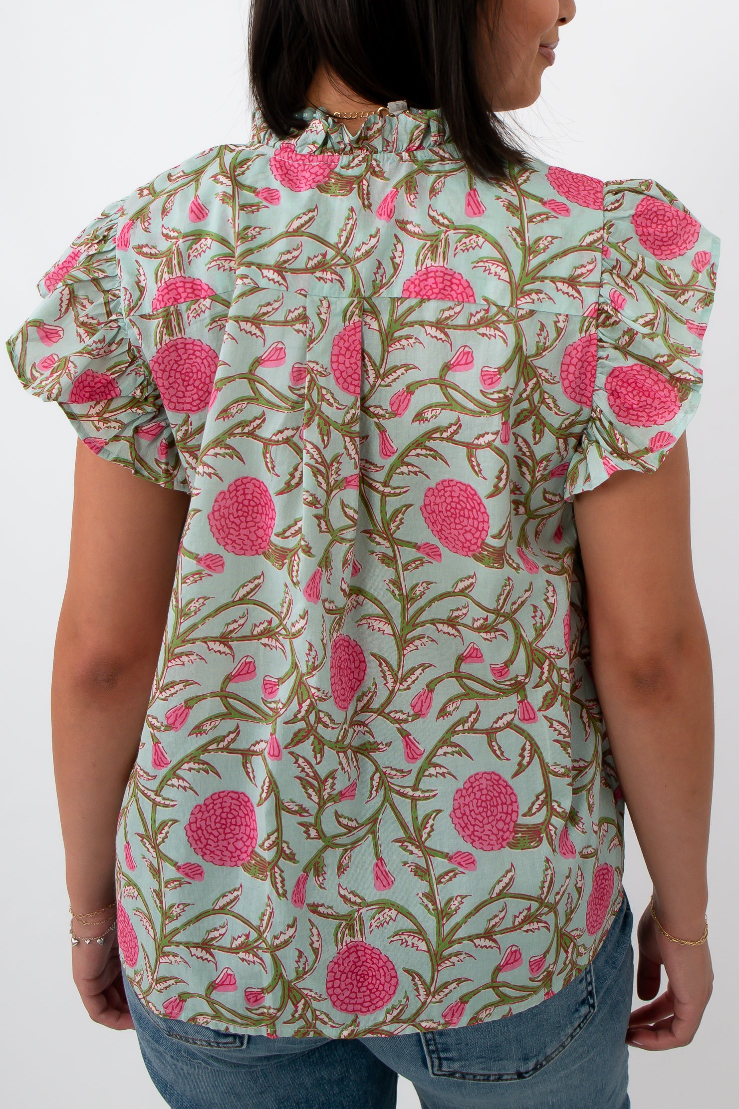 THML Mint Floral Flutter Sleeve Blouse