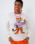 White Clemson tiger mascot sweatshirt with tiger patch on it for clemson game day 