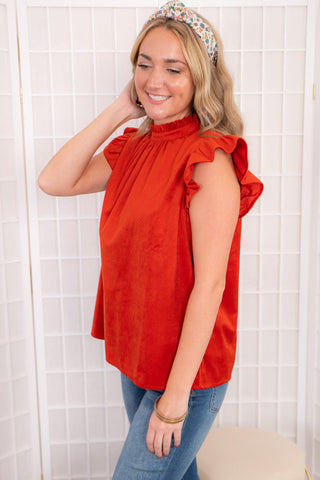 Daphne Rust Red Corduroy Ruffle Sleeve Top-Voy-L. Mae Boutique