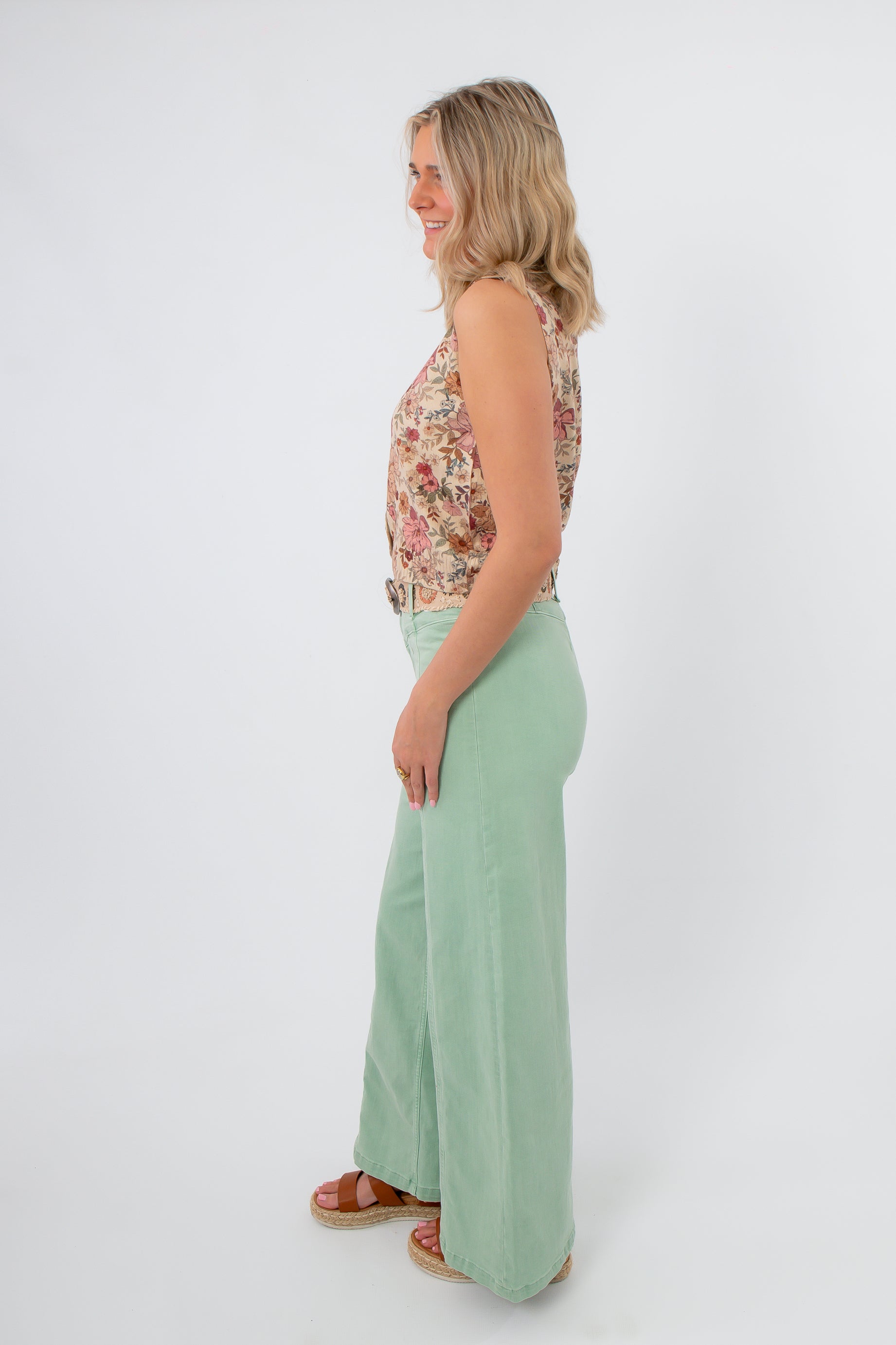 Free People Cameo Green Libre Wide Leg Pant model side profile