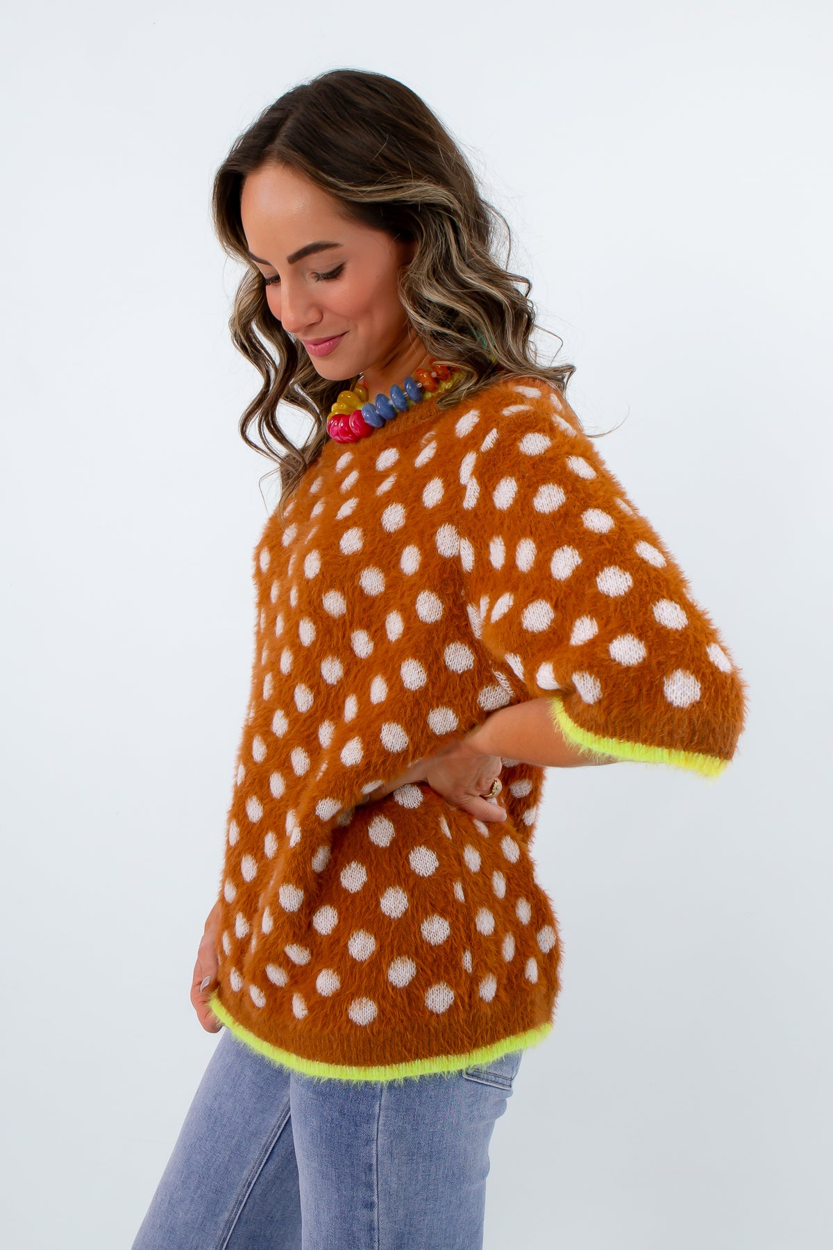 fuzzy brown and green polka dot short sleeve sweater boutique style