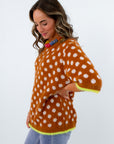fuzzy brown and green polka dot short sleeve sweater boutique style