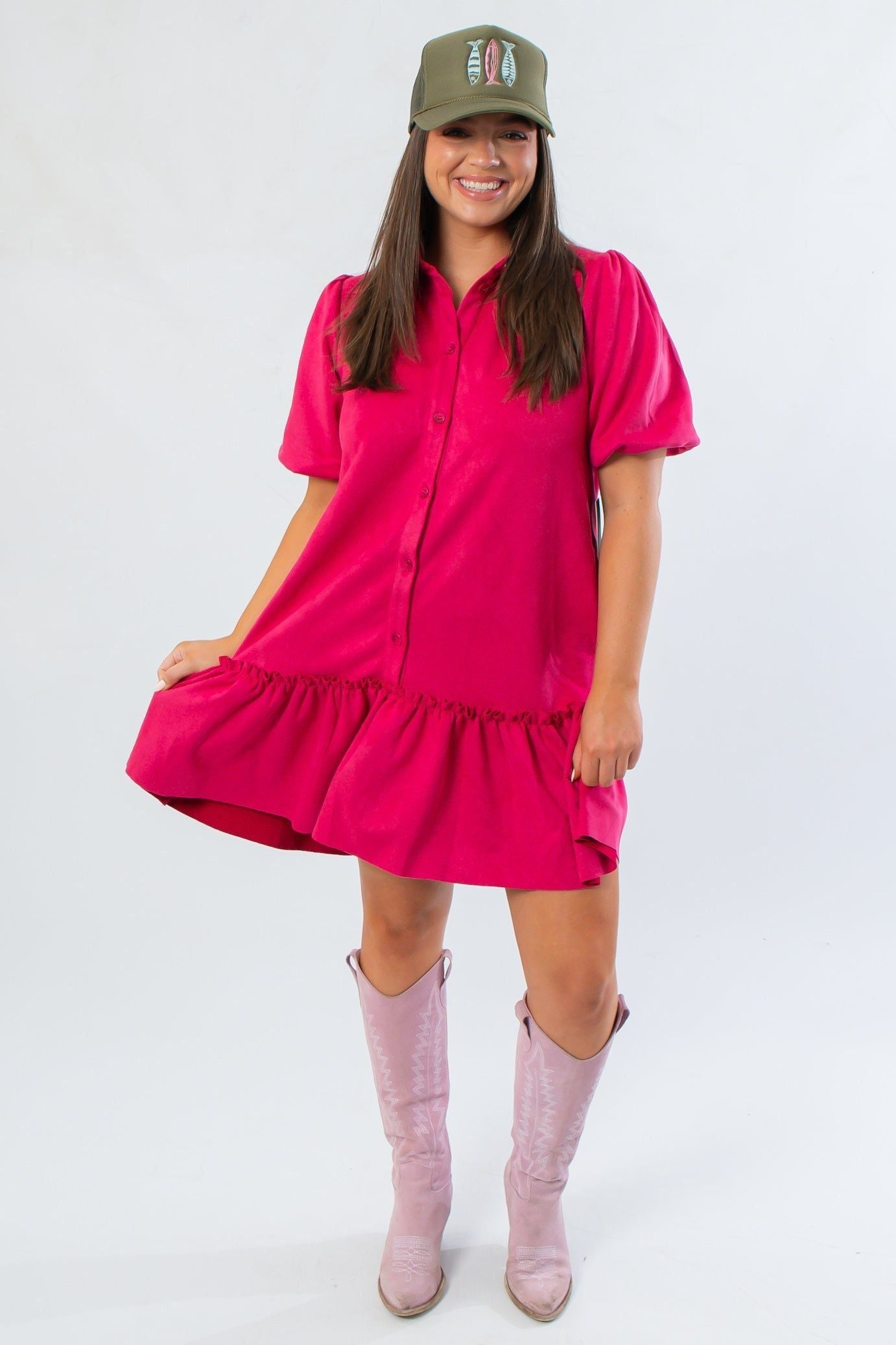Chic Berry Suede Puff Sleeve Mini Dress featuring short puff sleeves and flared hem, perfect for fall occasions and holiday styling.