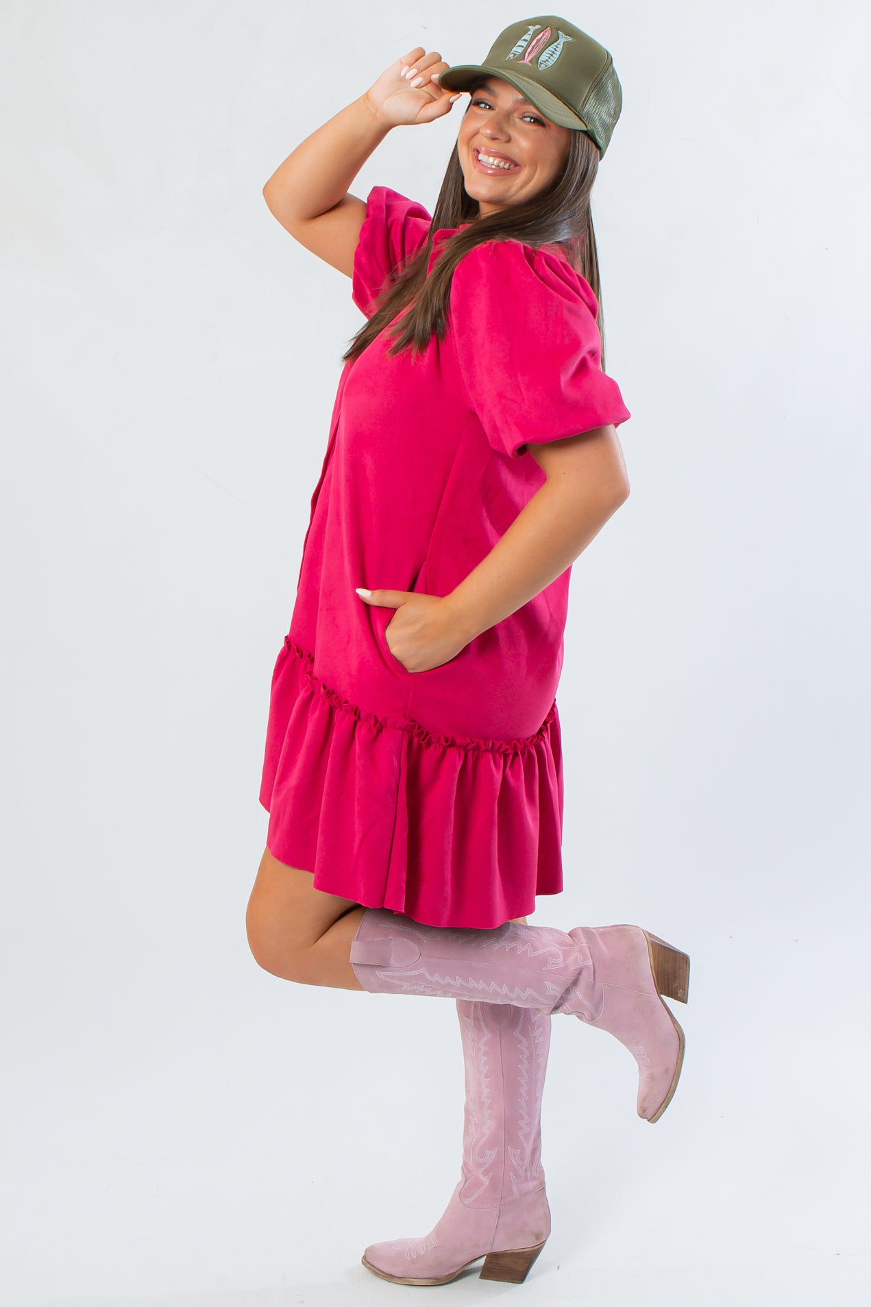 Side view of Berry Suede Puff Sleeve Mini Dress with functional pockets and playful silhouette, ideal for Thanksgiving or V-Day outfits.