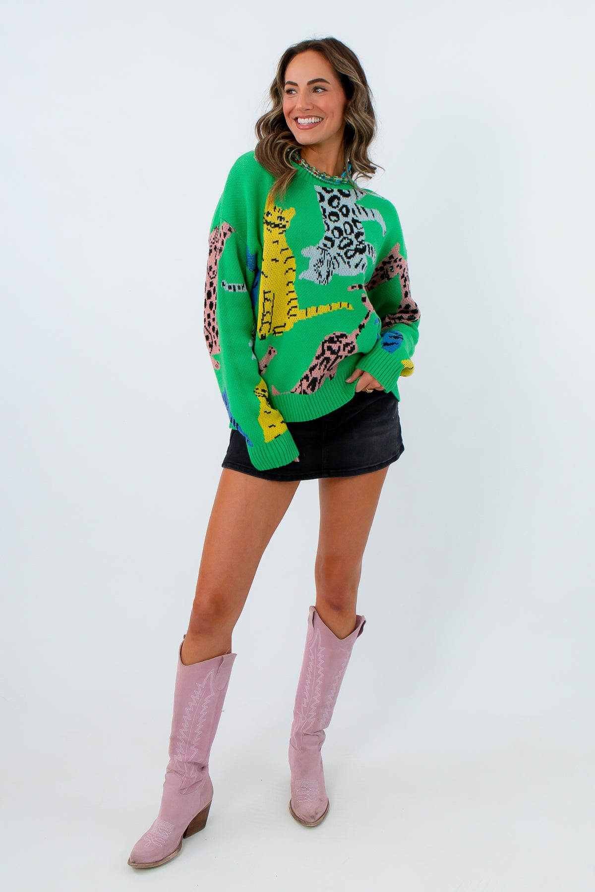 crazy cat lady gift idea green kitty pattern knit top