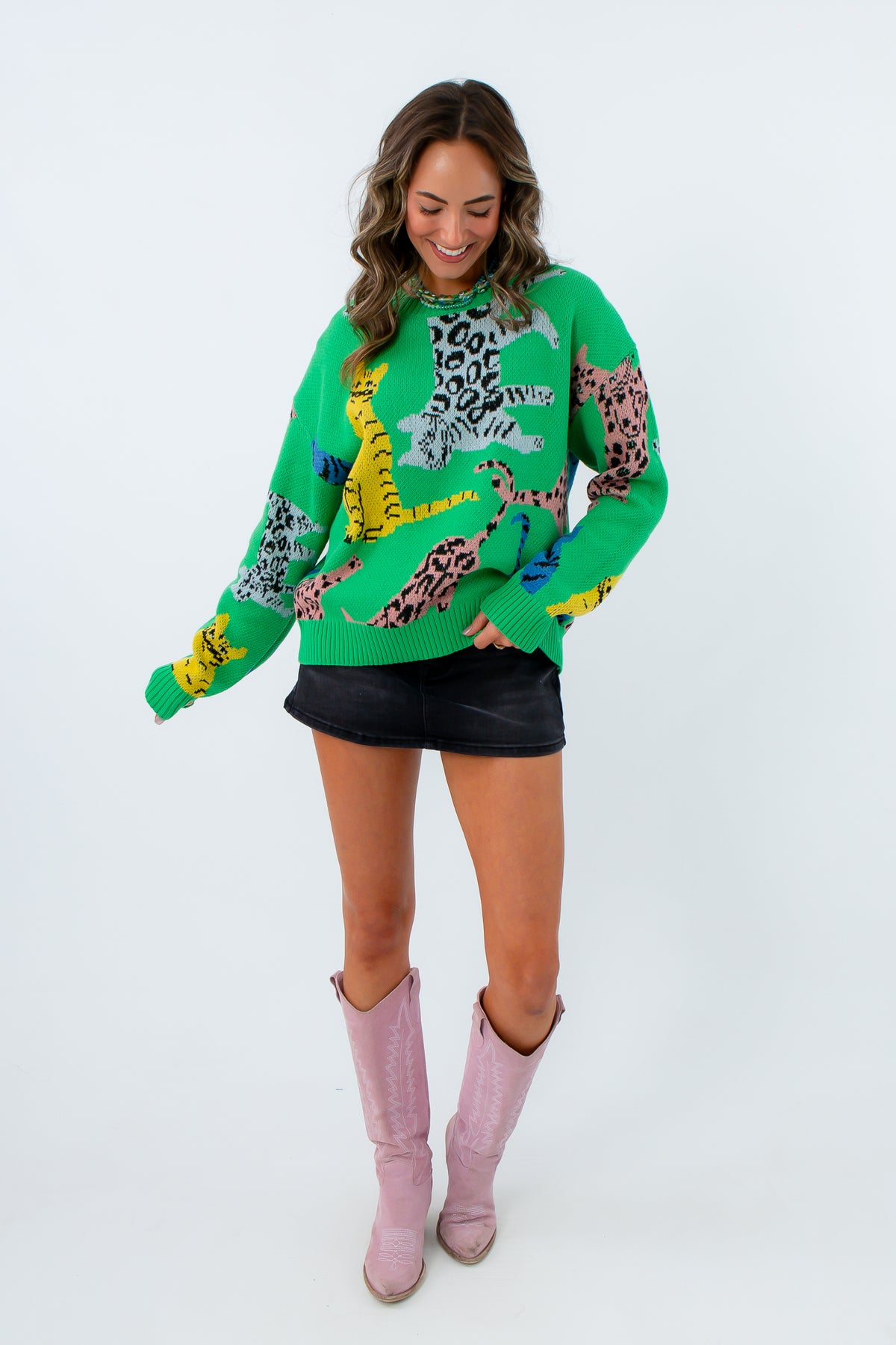 by together colorful cat print green sweater