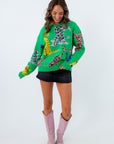 by together colorful cat print green sweater