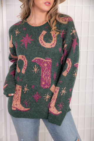 Lucky Cowgirl Green Western Sweater-Entro-L. Mae Boutique