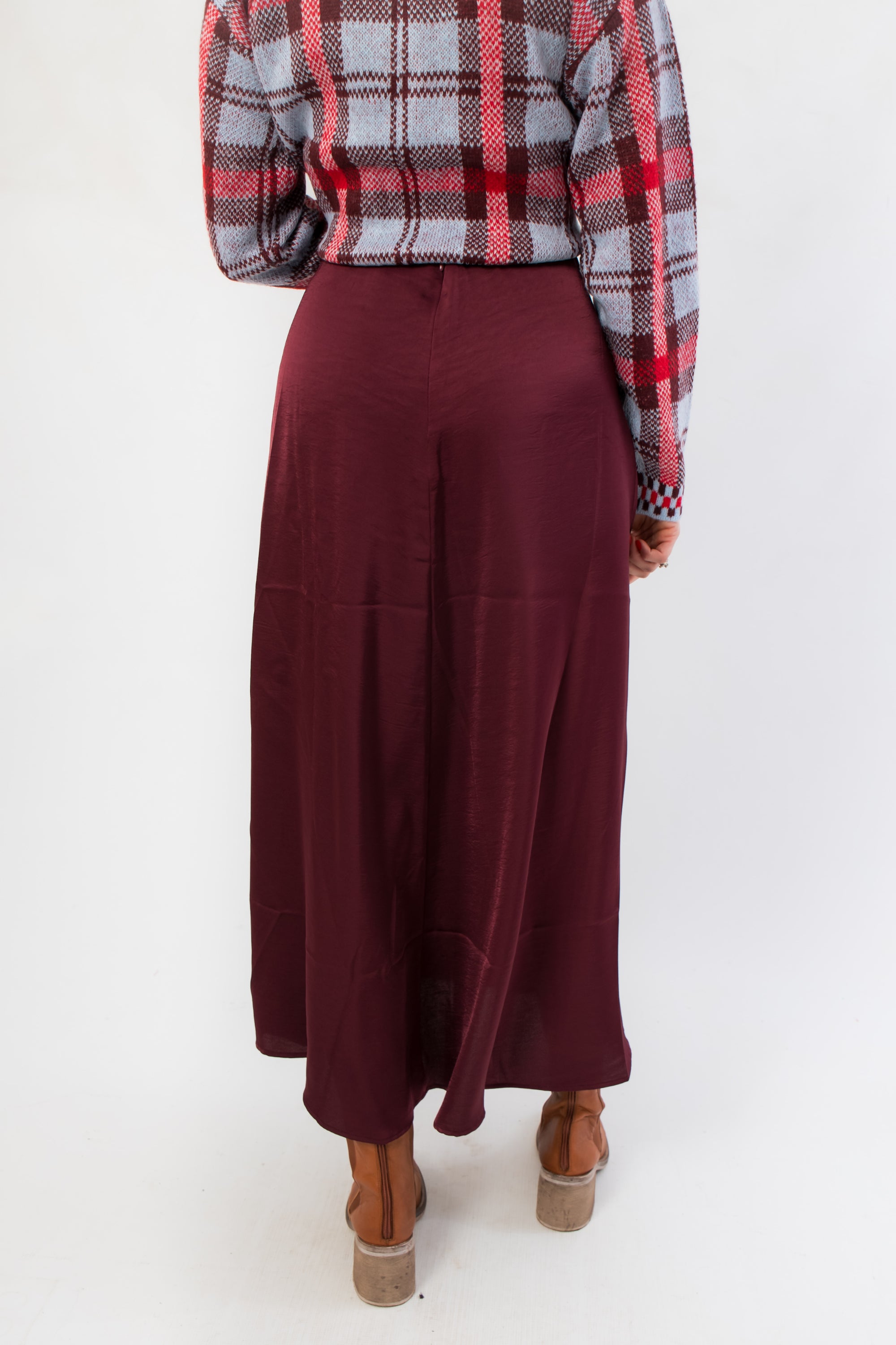 Back view of the Z Supply Merlot Northpointe Satin Midi Skirt featuring an invisible zip and seamless high-rise fit for a sleek finish.