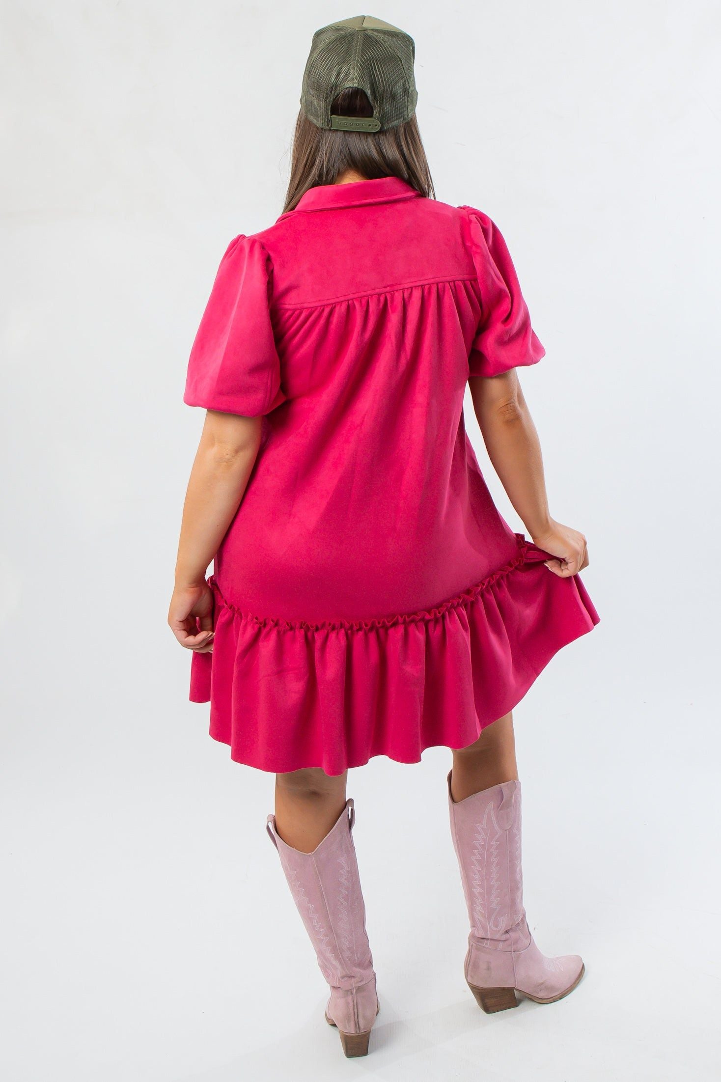 Back view of Berry Suede Puff Sleeve Mini Dress showcasing gathered yoke and ruffled skirt, a stylish short dress for seasonal events.