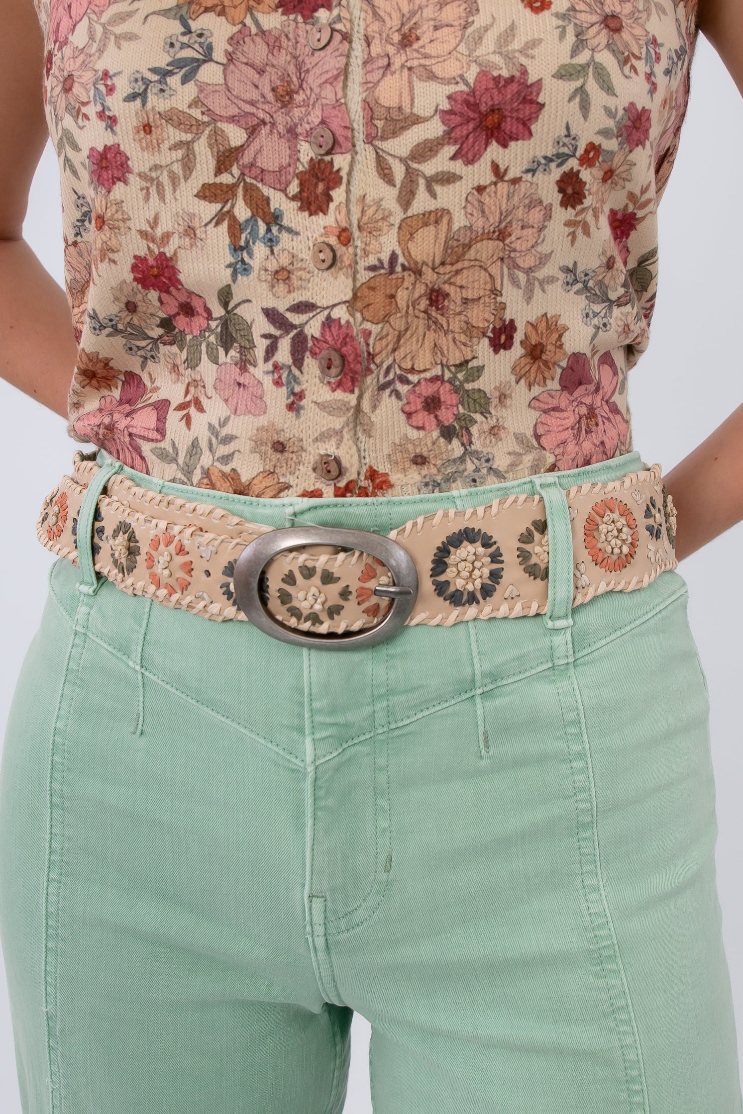 Free People Natural Indigo Dreaming Raffia Belt with floral top