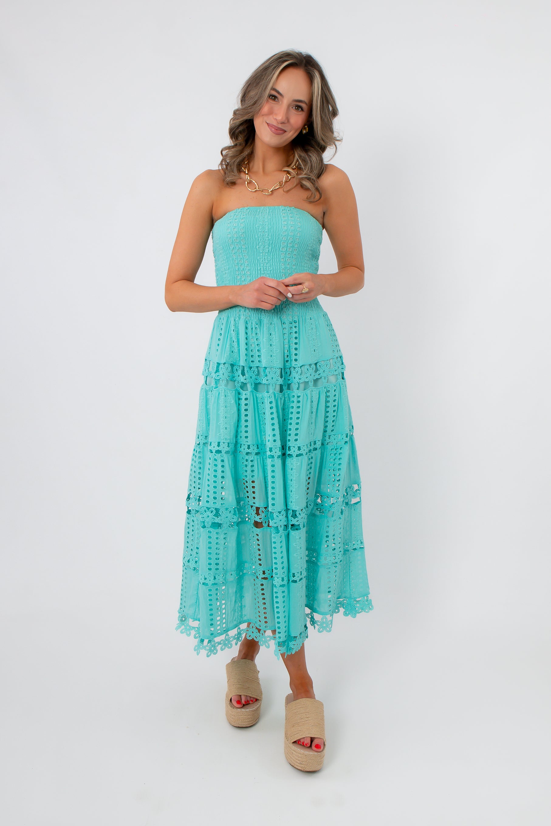 Aquamarine Moment Eyelet Lace Strapless Dress in Tiffany blue with smocked bodice and tiered lace skirt, perfect for summer occasions.