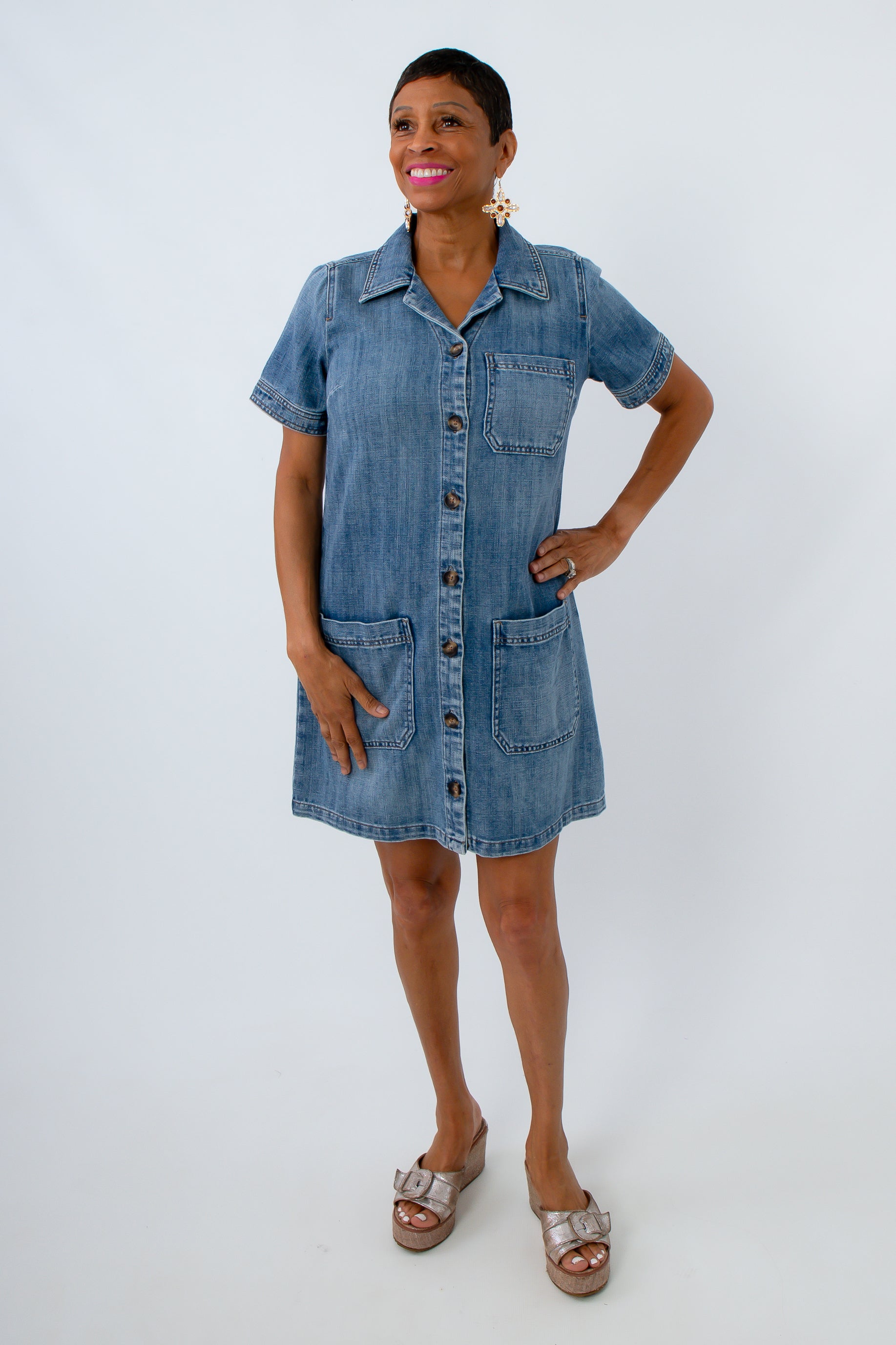 Medium wash denim gameday dress, short sleeve denim dress, Kut from the Kloth denim