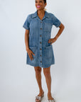 Medium wash denim gameday dress, short sleeve denim dress, Kut from the Kloth denim