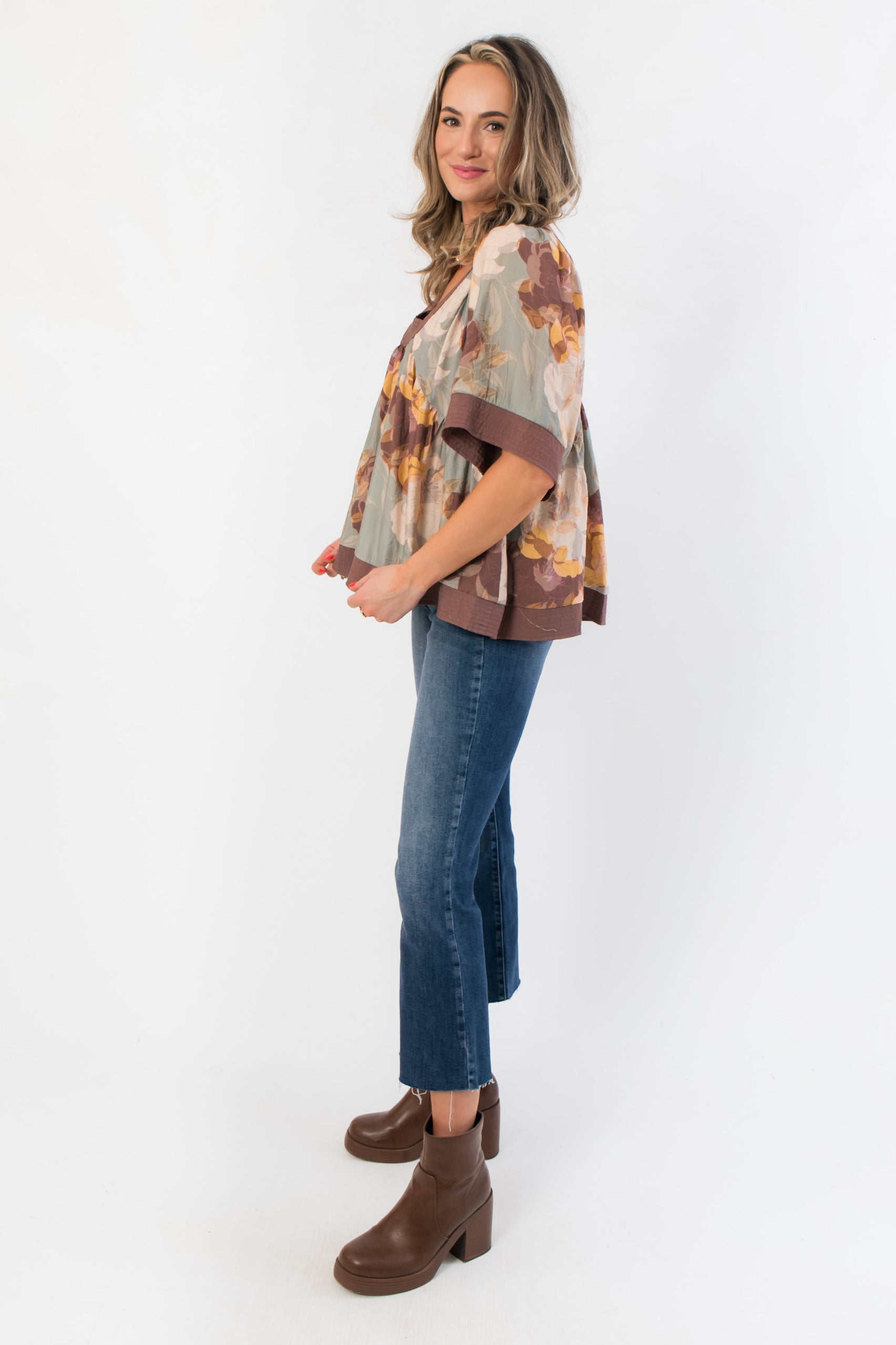 A Day Ahead Sage Floral Babydoll Top