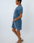 Transitional fall denim outfit, fall denim dress, short sleeve denim dress, relaxed fit denim dress