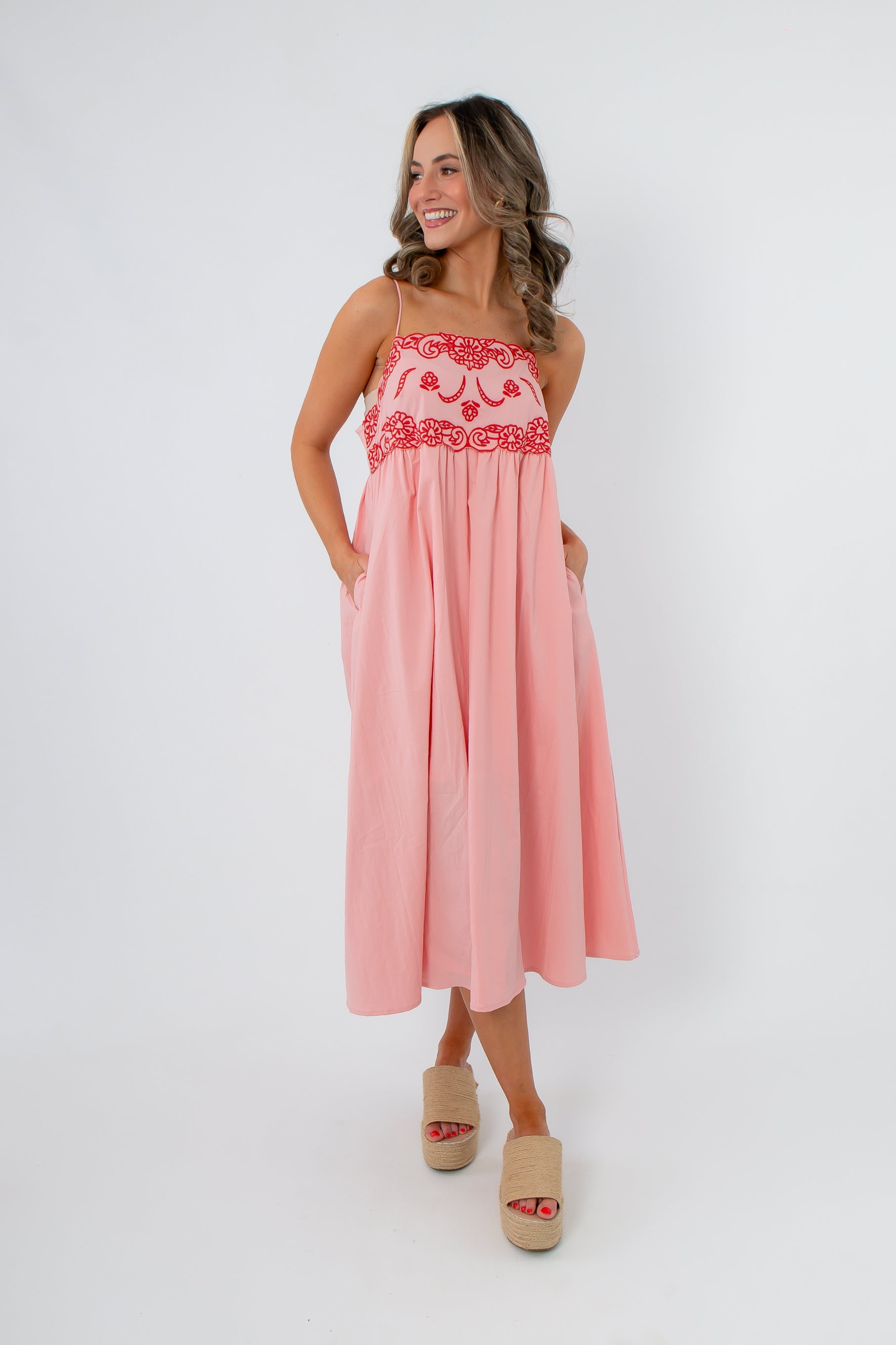 Blush embroidered midi dress with pockets
