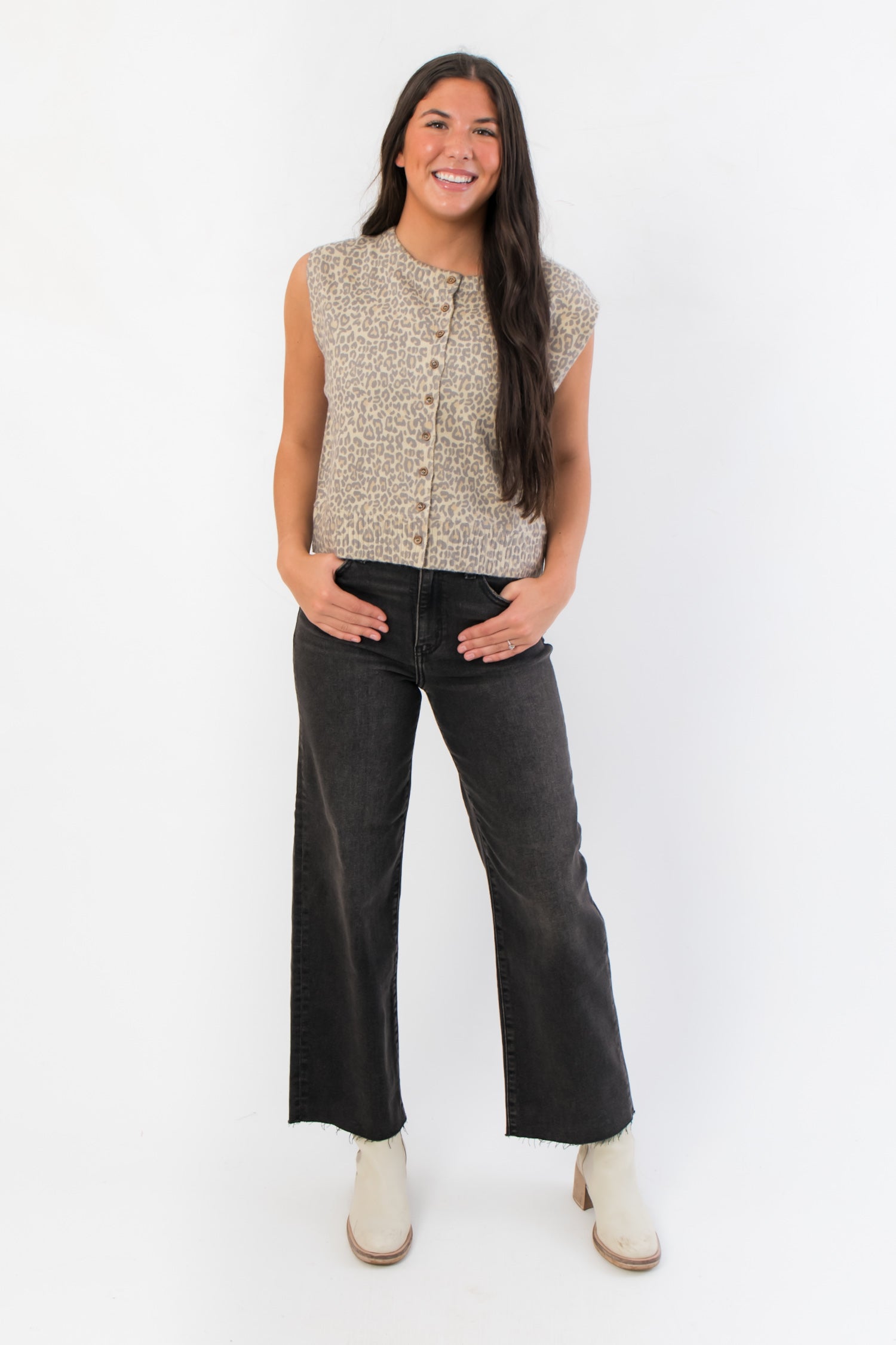 LeAnn Button Down Leopard Sleeveless Cardigan – Stylish Layering piece featuring a neutral leopard pattern and cropped fit for versatile styling.