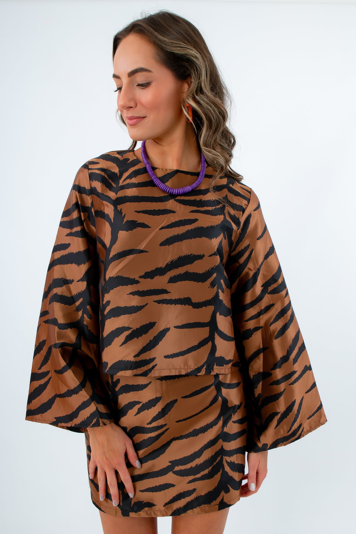 Satin finish tiger print long sleeve top, tiger print matching set, elevated tiger game day outfit