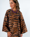 Satin finish tiger print long sleeve top, tiger print matching set, elevated tiger game day outfit